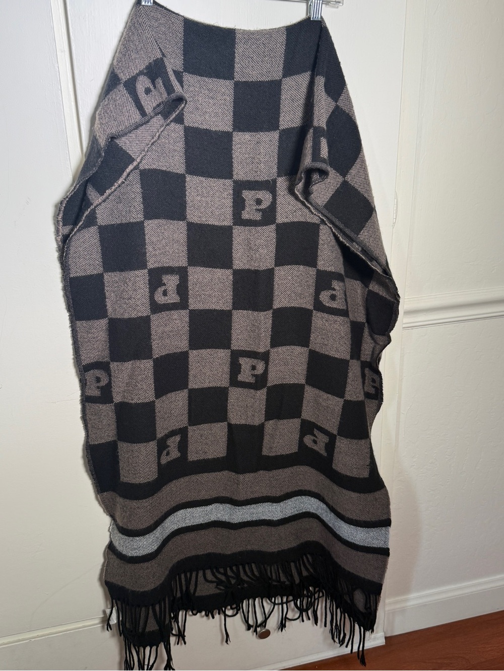 PINK by Victorias Secret Checker Knit Wrap/Scarf in Brown and Black Fringe